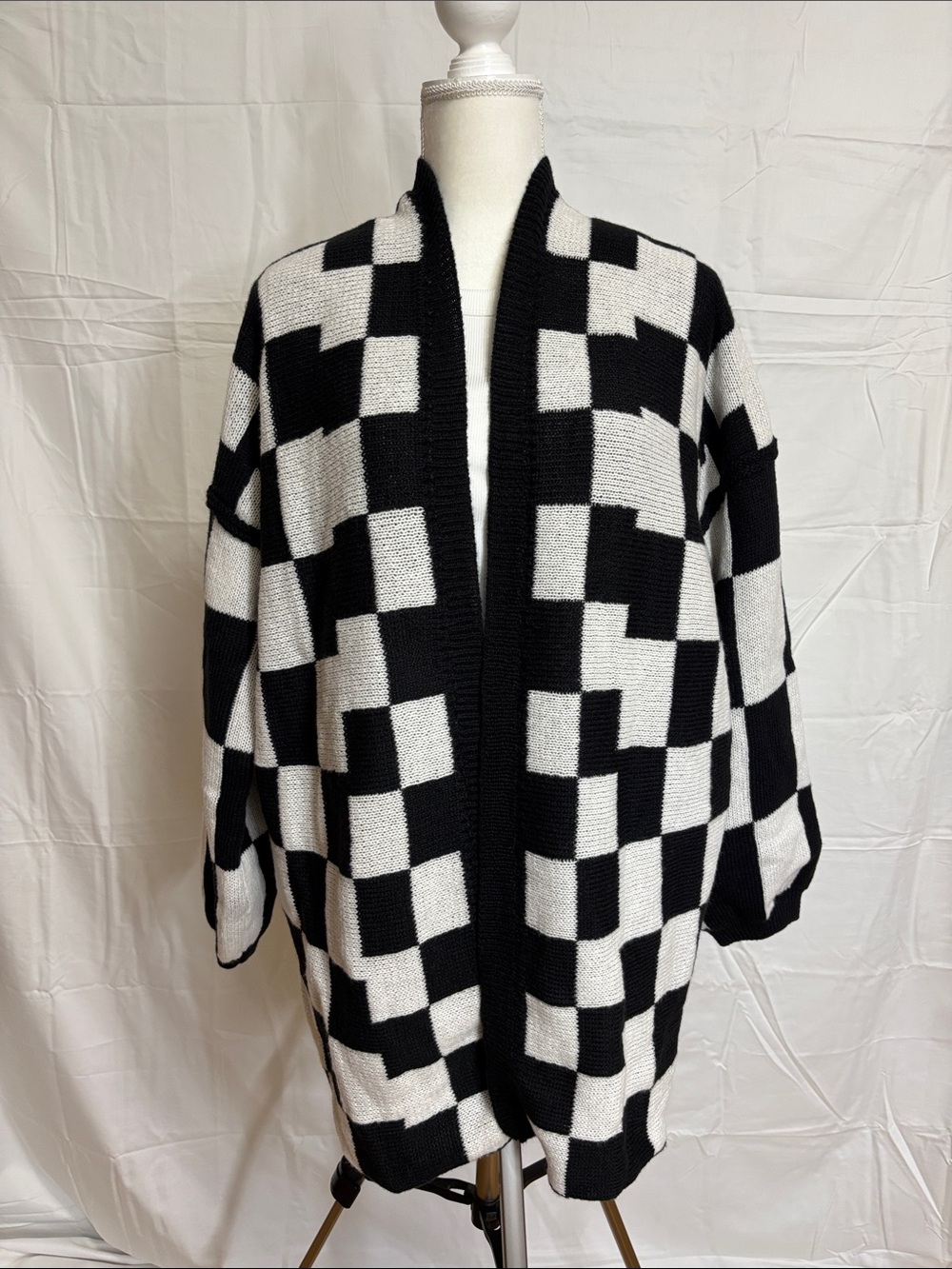 Black & White Checkerboard Open-Front Cape Cardigan